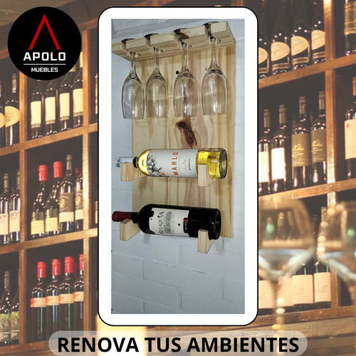 Apolo Muebles Vinoteca Cava Porta Vino Madera Pino 2 Botellas 4 Copas 2