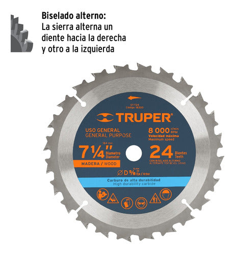 Truper Circular Saw Blade for Wood, 7 1/4'', 24 Teeth 1