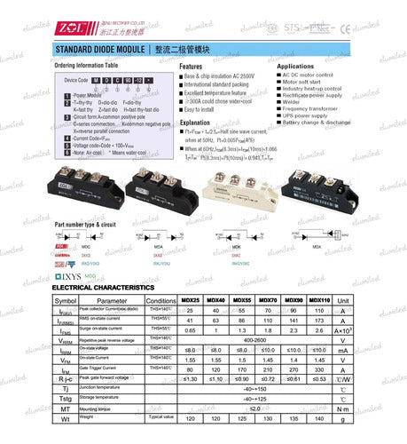 ELUMILED MDC70-12 Semi-Pack Diodo-Diodo 70A 1200V 1