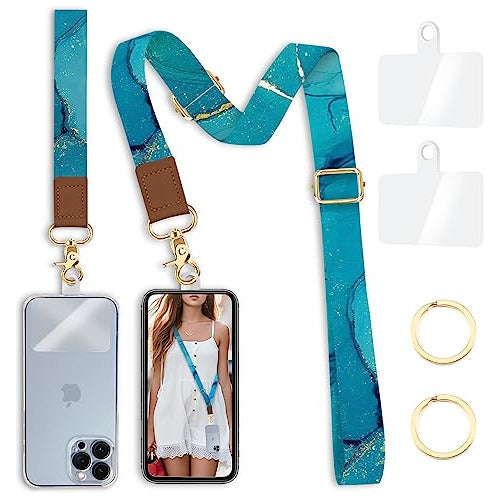 Blue Marble Cell Phone Lanyard Set with Crossbody & Wrist Strap 0