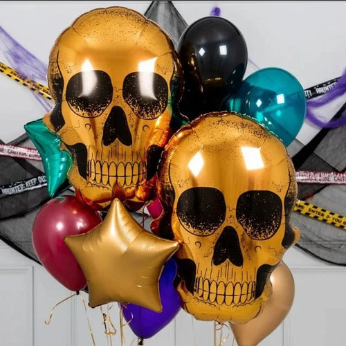 Globos Metalizado Calavera Dorada Halloween Craneo Pirata 1