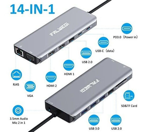 Falwedi USB C Docking Station for PC or Laptop, 14 in 1 1