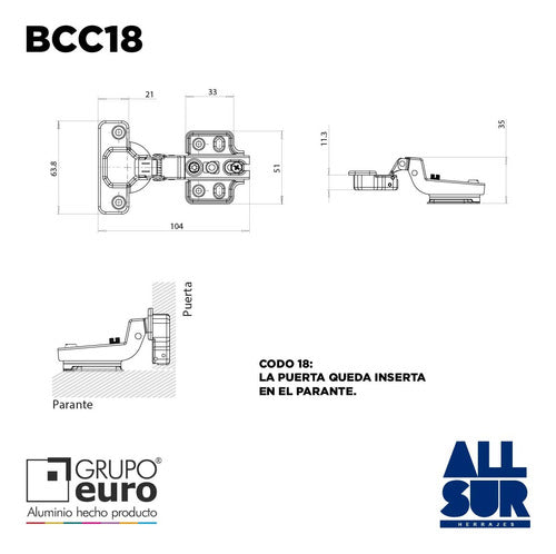 Grupo Euro Bisagra Cazoleta 35mm Codo 18 Puerta Mueble X4 Un 1