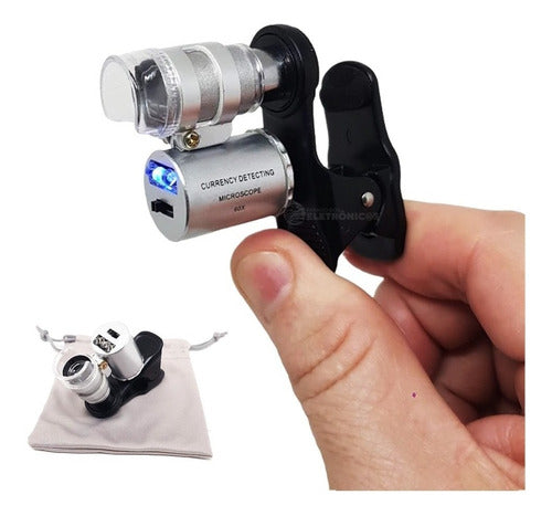 Mini Microscópio Lupa Zoom 60x Led Uv Visão Clara P/ Celular 1