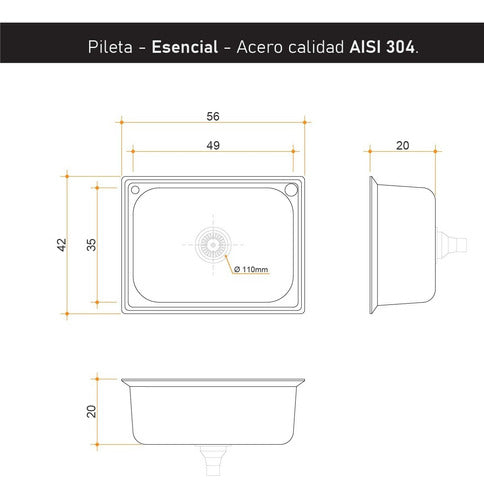 Masecor Pileta Bacha Esencial Cocina Sobre Mesada Acero304 + Grifería 4