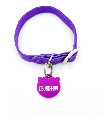 Medallas Para Perros Chapita Gatos Cara De Gato Violeta + Collar 1cm Elastizado 1