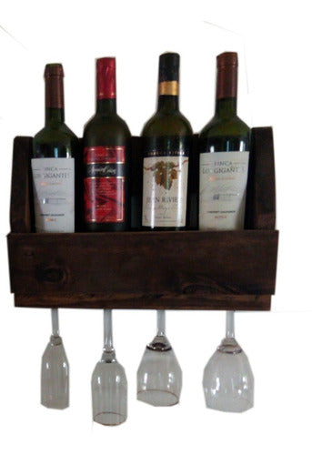 Rustic Wood Wall Wine Rack for 4 Bottles with Glass Holder for 4 Glasses 0