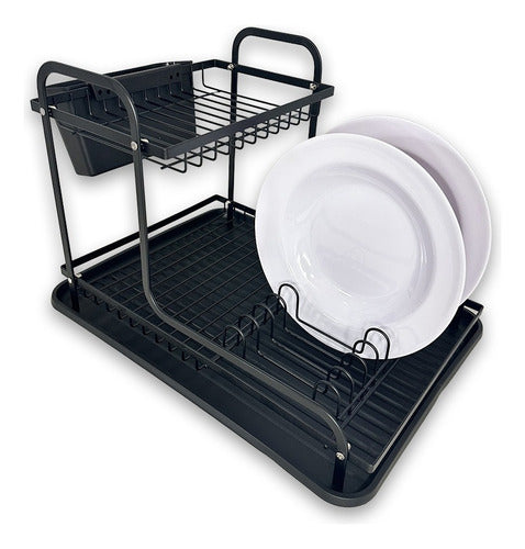 Two-Tier Dish Drying Rack with Cutlery and Tray - Black 2