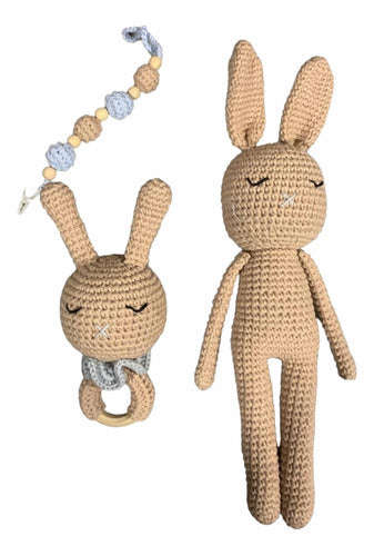 Crochet Bunny Set + Rattle + Pacifier Holder by Chichelandia 9