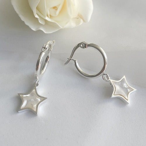 Wadaba White Steel Hoop Earrings with Star Pendant Simulating Mother of Pearl 1