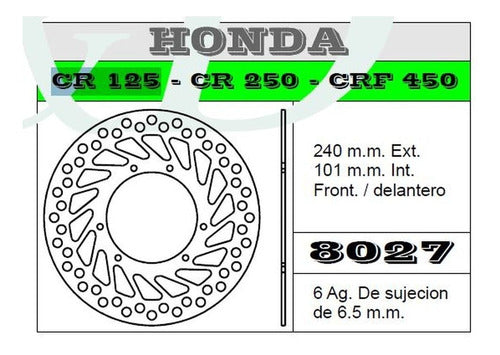 Warning Front Brake Disc Honda CR 125 250 95/07 1