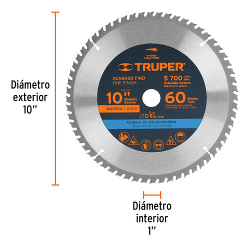 Sierra Circular Para Madera, De 10'', 60 Dientes, Truper 1