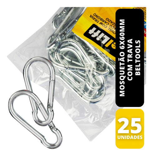 Kit 25 Mosquetão 7x70mm Aço Galvanizado Com Trava Beltools 1