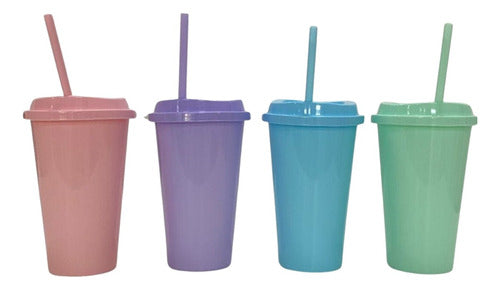Pastel Color Plastic Cup with Lid and Straw - Cotillon Party Supply 0