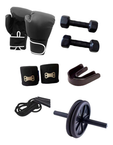 Complete Boxing and Martial Arts Training Kit - Gloves, Mouthguard, Wraps, Jump Rope, Dumbbells, Double Wheel 0