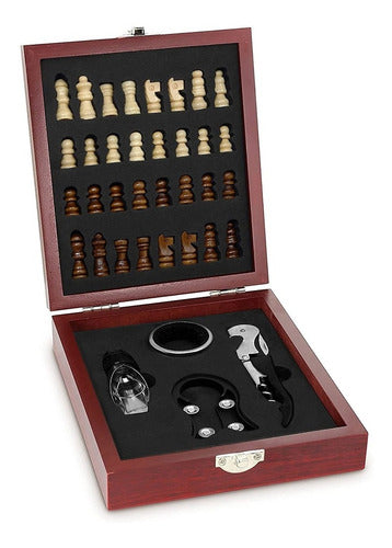 Generic Set De Vino 4 Piezas + Ajedrez En Caja Estuche De Madera 0