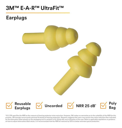 3M Ear Ultrafit Earplugs, 100 Pairs, Yellow 1