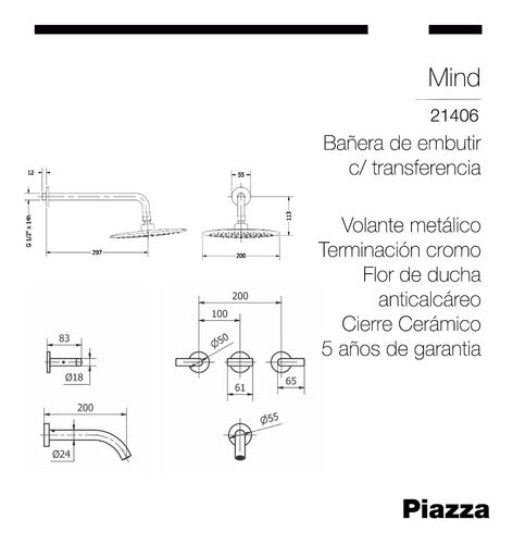 Grifería Ducha Embutir Piazza Mind C/ Transf Cierre Cerámico 2