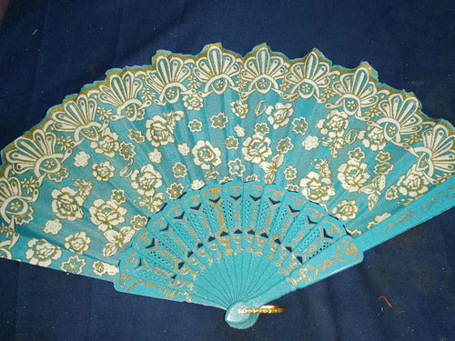 Turquoise Plastic Fan with Golden Print 2