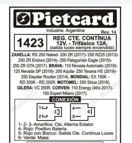 Regulador voltaje 1423 Pietcard Zanella Zr200 2017 - 2