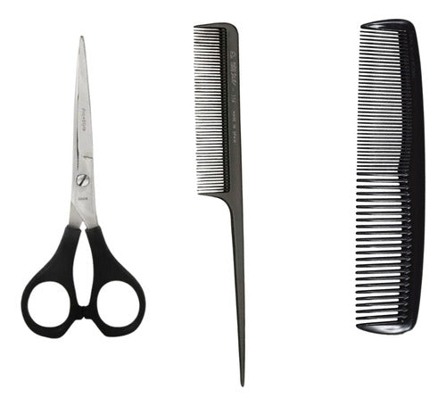 ProBasic Hair Cutting Scissors + EuroStil Tail Comb + LucyDan Professional Thinning Comb 0