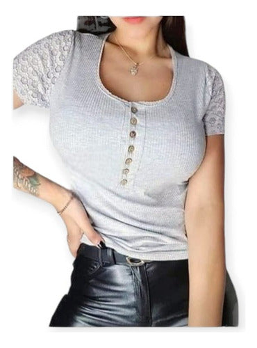 Lace Detail Ribbed Top with Buttoned Neckline 1