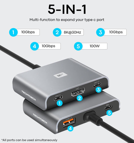 Usb C Hub Hdmi 8k Adaptador, Techtobox 5 En 1 Dongle Usb-c A 1