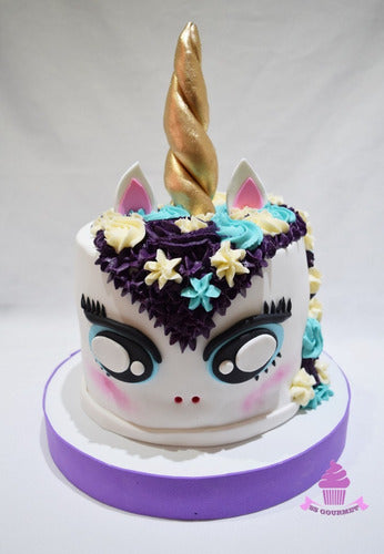 Torta Unicornio De 2 Pisos Comestible Cuerno Flores Violeta 0