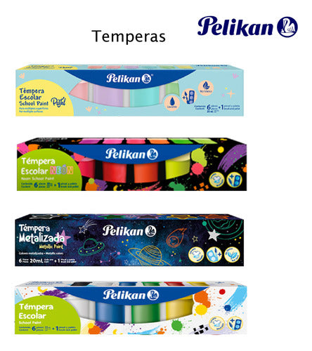 Kit 24 Pelikan Temperas Set - 6 Classic 6 Neon 6 Pastel 6 Metallic 4