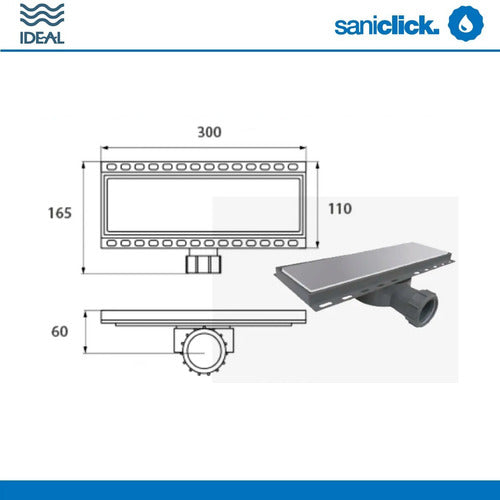 Ideal Desagüe Lineal 30 Cm Abs Rejilla Acero Inox 3