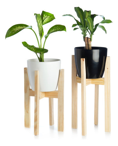Set of 2 Wooden Plant Stands + White Plant Pots Size 18 0