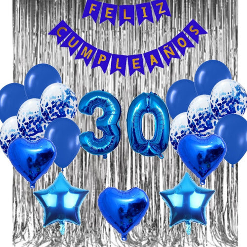 Combo Deco Globos Feliz Cumple Azul +2cortina+numeros 70cm 0