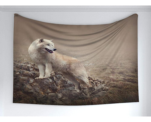 Ambesonne Animal Tapestry, White Wolf On Rocks At The Night 0