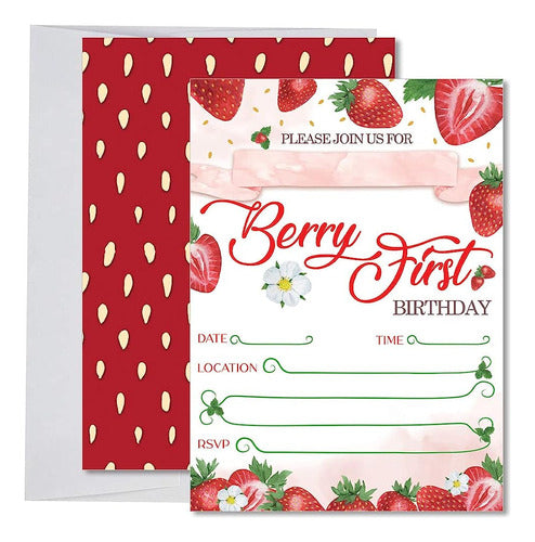 Partiness Strawberry Berry First Birthday Party Invitaciones 0