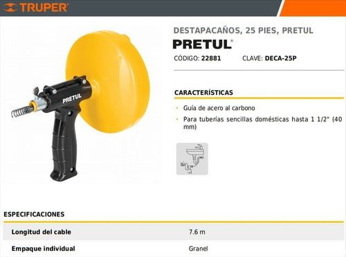 Truper Cinta Destapacañería Destapa Caños 7mt Manija Pistola 1