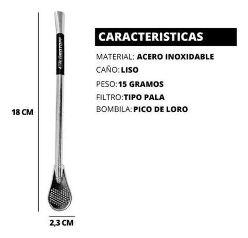 Stainless Steel Mate Straw with Parrot Tip Filter and Paddle 18cm - Bombilla Mate Acero Inox Pico De Loro Filtro Pala 18Cm