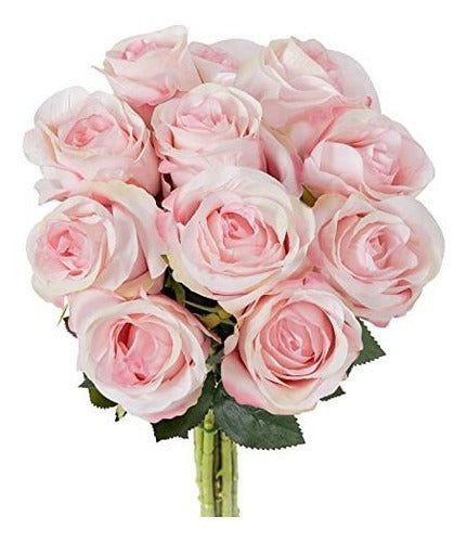 Realistic Silk Artificial Roses 10pcs Light Pink with Long Stems 0