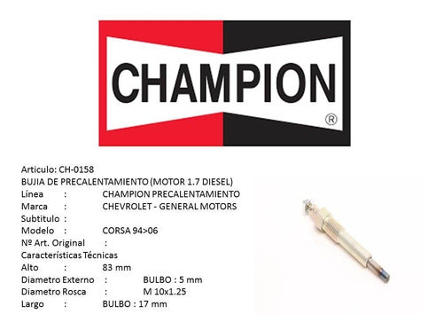 Champion Pre Heating Plug for Corsa 1.7 Diesel 0