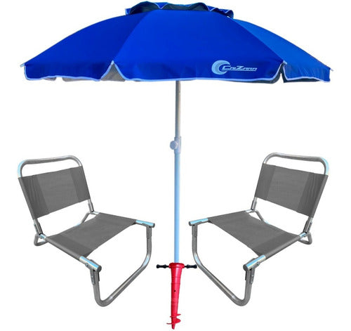 Set of 2 Reinforced Aluminum Beach Chairs 90kg + Super Strong 2m Umbrella 72