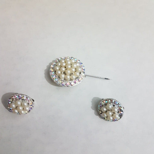 Alpaca Imitation Pearls/Stones Brooch and Snap Earrings Set 0