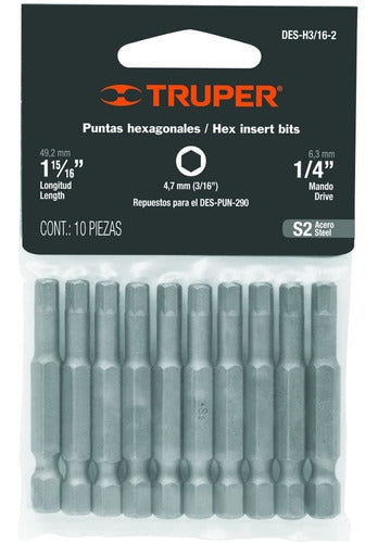 10 Puntas Allen 3/16 X 50mm Para Atornillador Hex 1/4 Truper 0