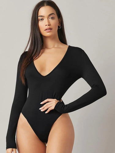 Luquear Bodysuit Mujer Manga Larga Cuello V-con Broche 0