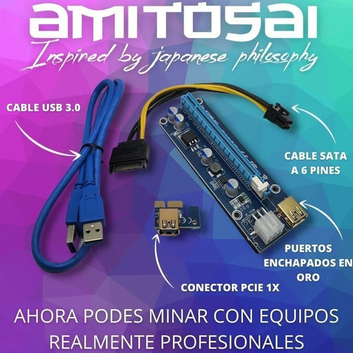 AMITOSAI MTS-BTCMINERGOLD PCIe Riser 16x to 1x USB 3.0 60cm Cable Rig Minep1 3