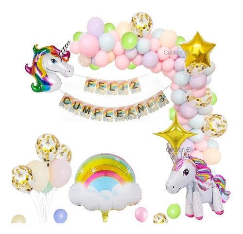 Combo Feliz Cumple Globos Unicornio 3 D Arco Iris Pastel 0