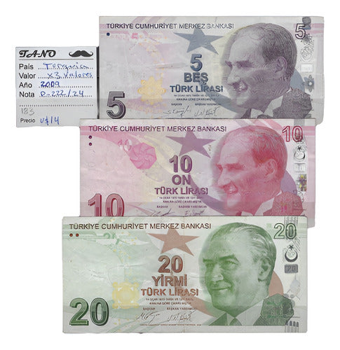 B183 Lot of 3 Turkish Banknotes 2009 P-222/24 0