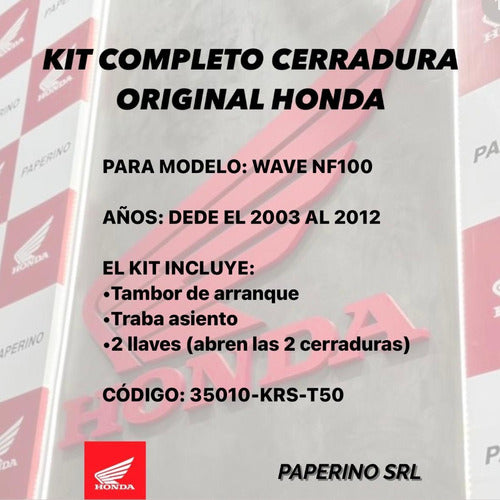 Complete Lock Kit Honda Wave NF 100 Original Barrel Key Paperino 1