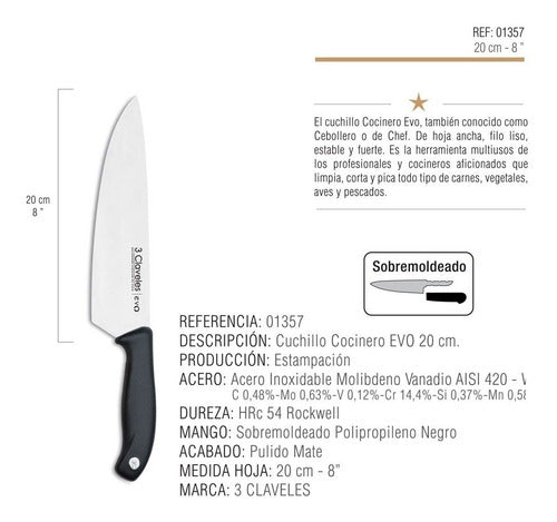 Set of 3 Professional Chef Kitchen Knives 3 Claveles Evo 3