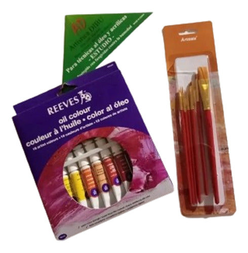 Reeves 18 Oil Paints + 24x30 cm Stretched Canvas + Assorted Brush Set 0