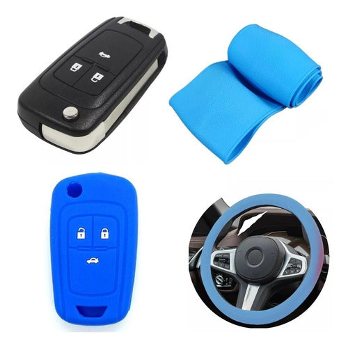 Blue Chevrolet Onix Silicone Steering Wheel Cover + Key Case 0
