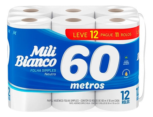 Papel Higiénico Mili Bianco Hoja Simple Neutro 60m X 12 Bye 0